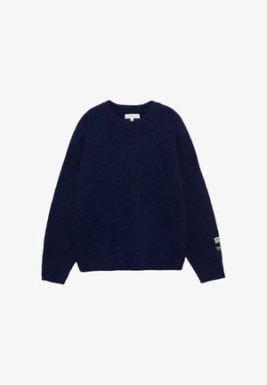 Navy blue knitted sweater with a round neckline, loose fit, and ribbed cuffs. Features a small label on the left sleeve.