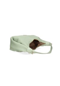 Borsa tote in pelle verde con texture, apertura ampia, manico laterale e zip dorata. L'interno presenta una foderatura marrone.