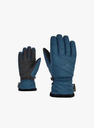 Gants isolés bleus avec accents noirs, présentant un design matelassé, un poignet élastique et une doublure intérieure douce. Matériau imperméable spécifié.