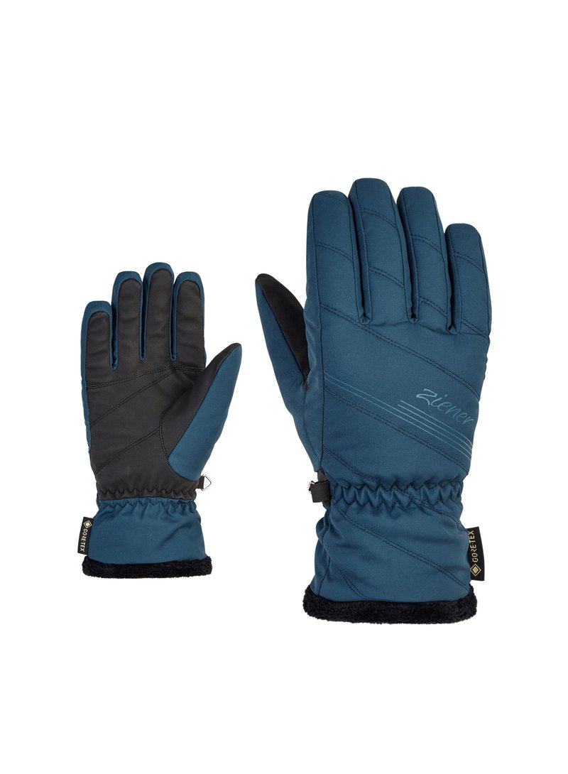 Gants isolés bleus avec accents noirs, présentant un design matelassé, un poignet élastique et une doublure intérieure douce. Matériau imperméable spécifié.