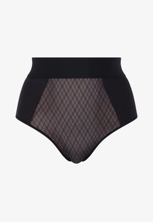 Schwarze, hoch taillierte Unterwäsche mit einem transparenten Netzpaneel, das ein Rautenmuster zeigt, einem glatten, einfarbigen Bund und abgesteppten Akzenten.