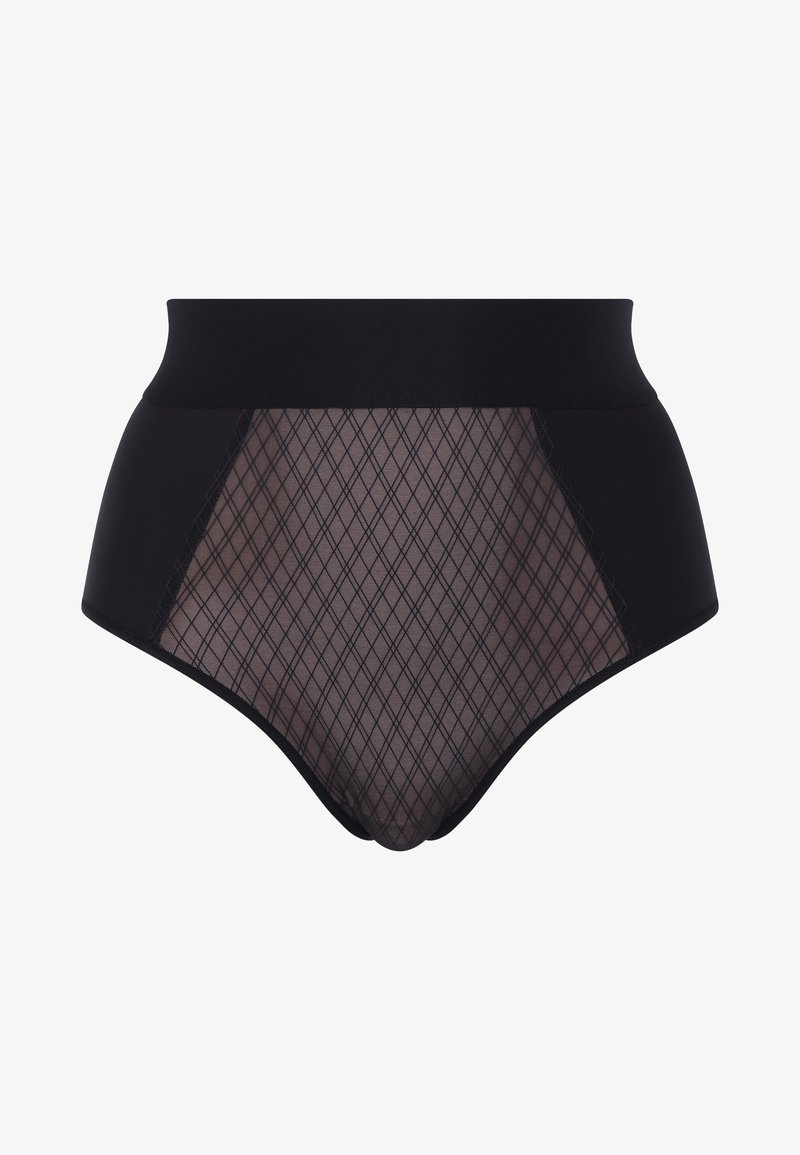 Cuecas pretas de cintura alta com um painel de malha transparente com padrão de grade em forma de diamante, cintura lisa e sólida, e detalhes costurados.