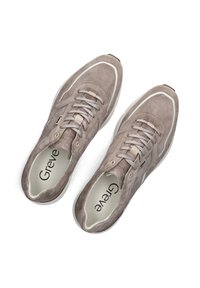 Beige suède sneakers met witte accenten, met een vetersluiting, gewatteerde kraag en logo op de zijkant. Zacht interieur met branding.