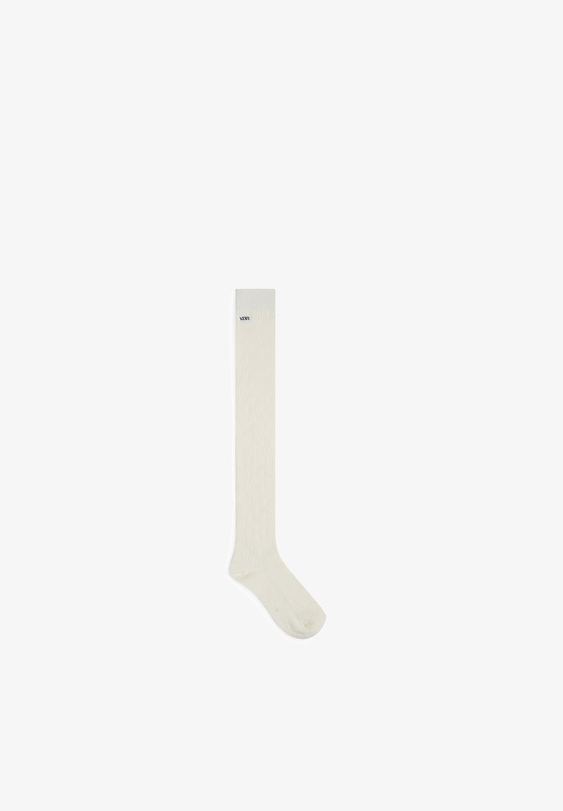 Chaussettes montantes off-white, en tissu texturé. Présentent un design sobre avec un petit logo bleu près du bord.