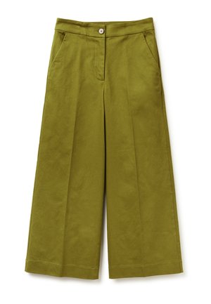 Grüne weit geschnittene Hosen aus weichem Stoff, mit einem Knopfverschluss, zwei Fronttaschen und einer glatten Textur.