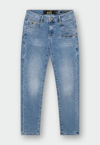 Lichtblauwe spijkerbroek met een rechte snit, voorzien van voorzakken, een ritszak en gouden hardwareaccenten. De verweerde wassing voegt textuur toe.