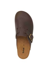Zoccoli Brown Scholl con esterno in pelle liscia, una cinturino con fibbia e una soletta imbottita con dettagli delle dimensioni stampati.