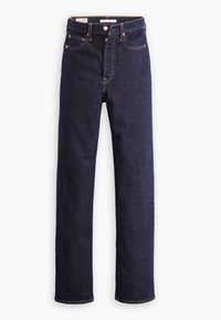 Jeans en denim bleu foncé coupe droite avec fermeture avant par bouton et zip, design à cinq poches et détails de couture orange.