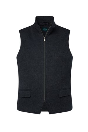 Gilet grigio scuro con colletto alto, chiusura frontale con zip e due tasche laterali. Tessuto testurizzato con un delicato motivo. Senza maniche.