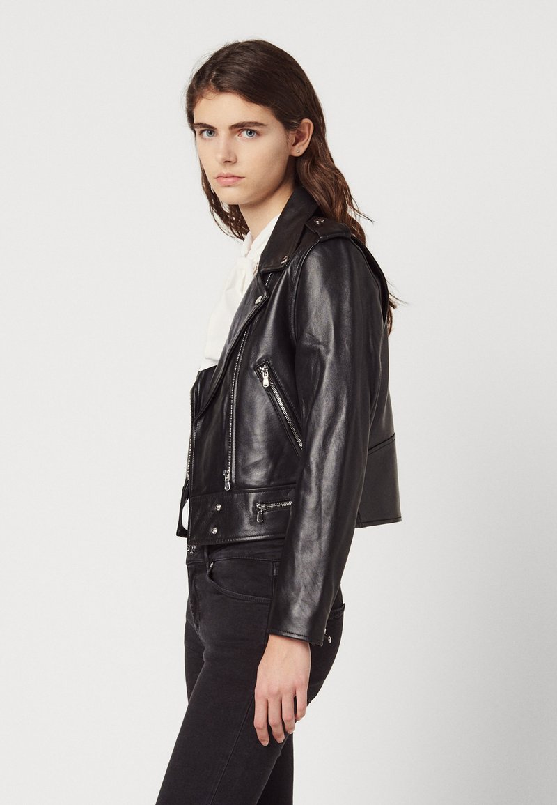 Black Leather Sandro Leather Jacket Womens SANDRO Oversized