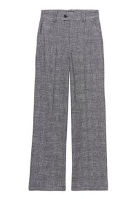 Pantalones de cuadros grises confeccionados en una tela texturizada con un corte de cintura alta, que cuentan con dos bolsillos laterales y un cierre de botón.