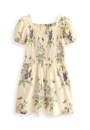 Pige kjole i cremefarve med puffærmer, rynket krop og et blomstret og sommerfugl mønster i lilla, grøn og gul.