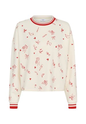 Crèmewitte sweatshirt met rode accenten en speelse patronen, waaronder harten, bloemen en fantasierijke illustraties. Geribbelde halslijn en boorden.