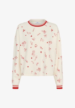 Kermanvärinen collegepaita, jossa punaisia yksityiskohtia ja leikkisiä kuvioita, kuten sydämiä, kukkia ja mielikuvituksellisia kuvituksia. Resorinen pääntie ja hihansuut.