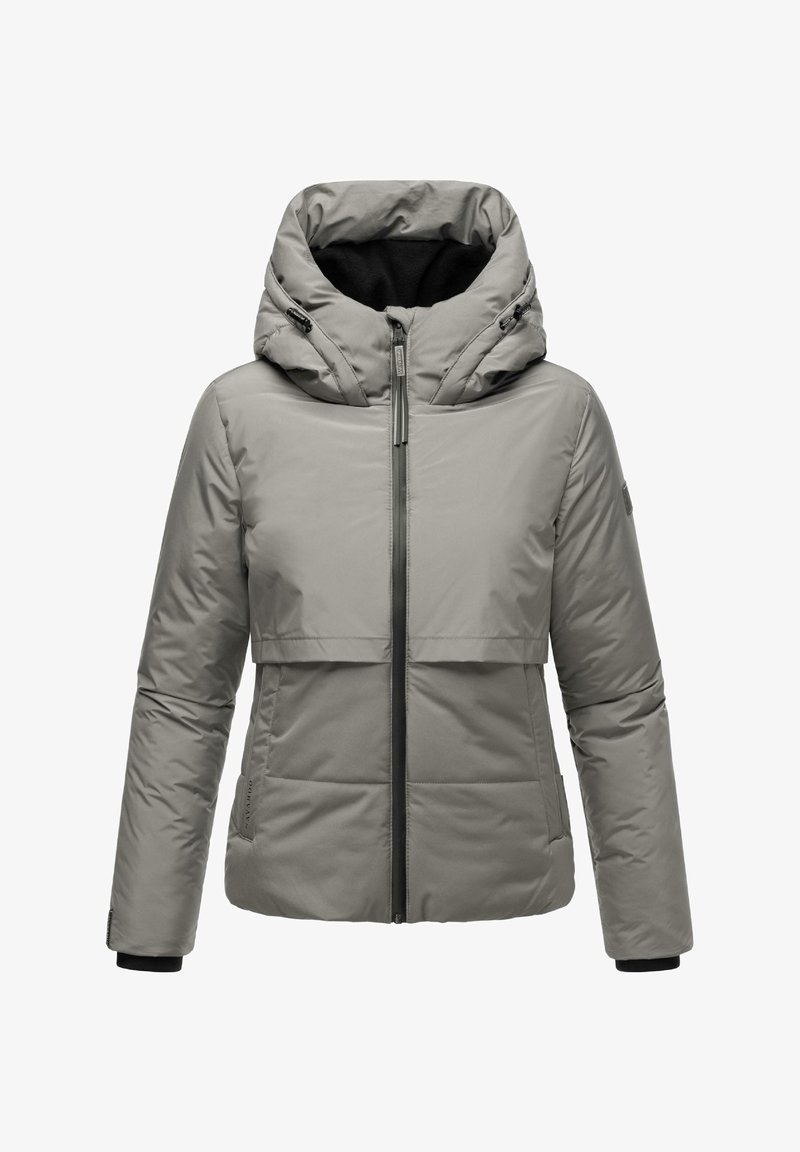 Giacca isolante grigio chiaro con design piumoso, cappuccio regolabile, zip frontale e polsini elasticizzati. Presenta uno stile a blocchi di colore sul petto.