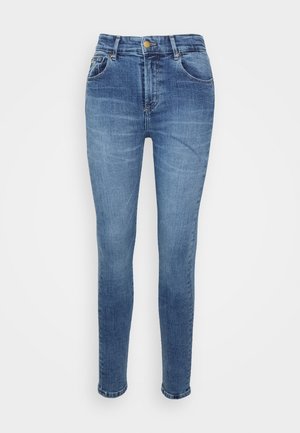 Blå højtaljede skinny jeans med forlommer, bæltestropper, knaplukning og subtile falmede detaljer på lår og knæ.