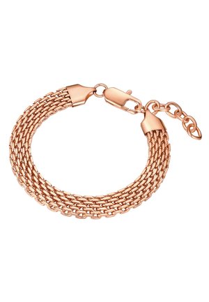 Pulsera de cadena de varios hilos en oro rosa con cierre de langosta y eslabones de extensión ajustables sobre fondo blanco.