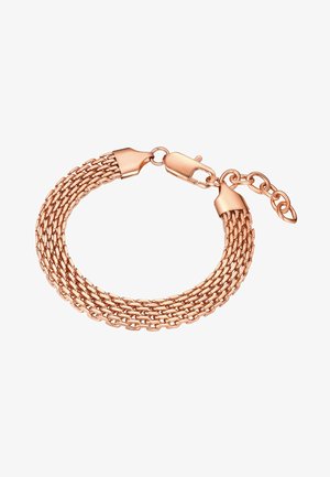 Roségoldenes mehrsträngiges Kettenarmband mit Karabinerverschluss und verstellbaren Verlängerungsgliedern vor weißem Hintergrund.