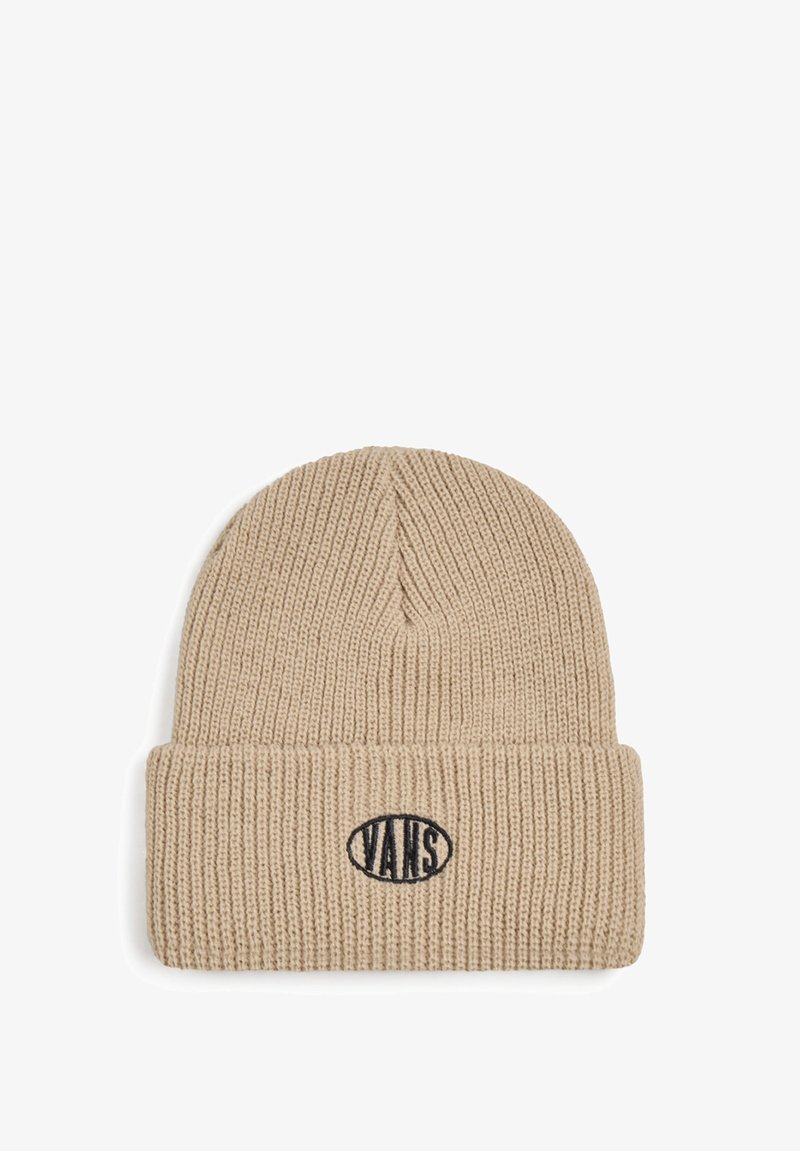 Beige neulepipo, jossa on käännetty reunus ja musta soikea logo, jossa on teksti "VANS." Teksturoitu kangas, jossa on ribbikuvio.