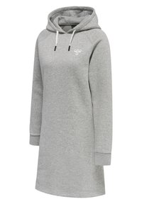 Robe sweat à capuche grise, en tissu mélangé coton, avec une poche kangourou, des poignets côtelés et un petit logo sur la poitrine.