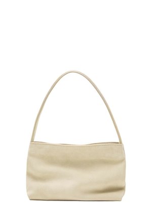 Beige rechteckige Schultertasche mit einem einzelnen dünnen Riemen und weicher, leicht zerknitterter Textur vor weißem Hintergrund.