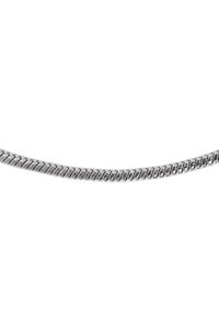 Catena in metallo argentato, caratterizzata da un design attorcigliato con una texture liscia e lucida. Ogni segmento è decorato con un motivo rotondo e rigato.