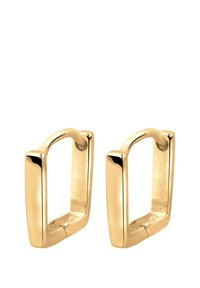 Boucles d'oreilles géométriques dorées avec une finition lisse et polie. Forme rectangulaire aux bords arrondis, comportant un centre creux.