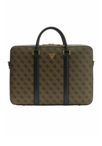 Bolso para portátil de estampado marrón con detalles en cuero negro y herrajes dorados. Cuenta con dos asas superiores y cierre con cremallera.