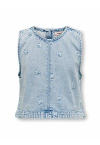 Haut sans manches en denim bleu clair avec broderie florale, col rond et petite fermeture au dos, présentant un design légèrement court.