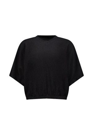 Zwart cropped top gemaakt van gestructureerde stof, met een V-hals en brede korte mouwen met een elastische zoom voor een ontspannen pasvorm.