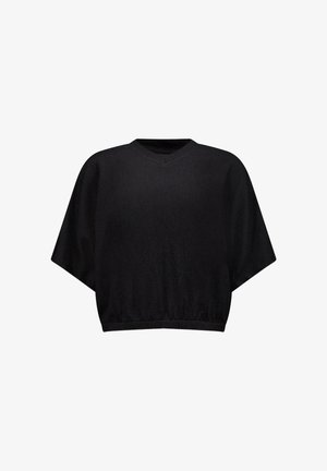 Zwart cropped top gemaakt van gestructureerde stof, met een V-hals en brede korte mouwen met een elastische zoom voor een ontspannen pasvorm.