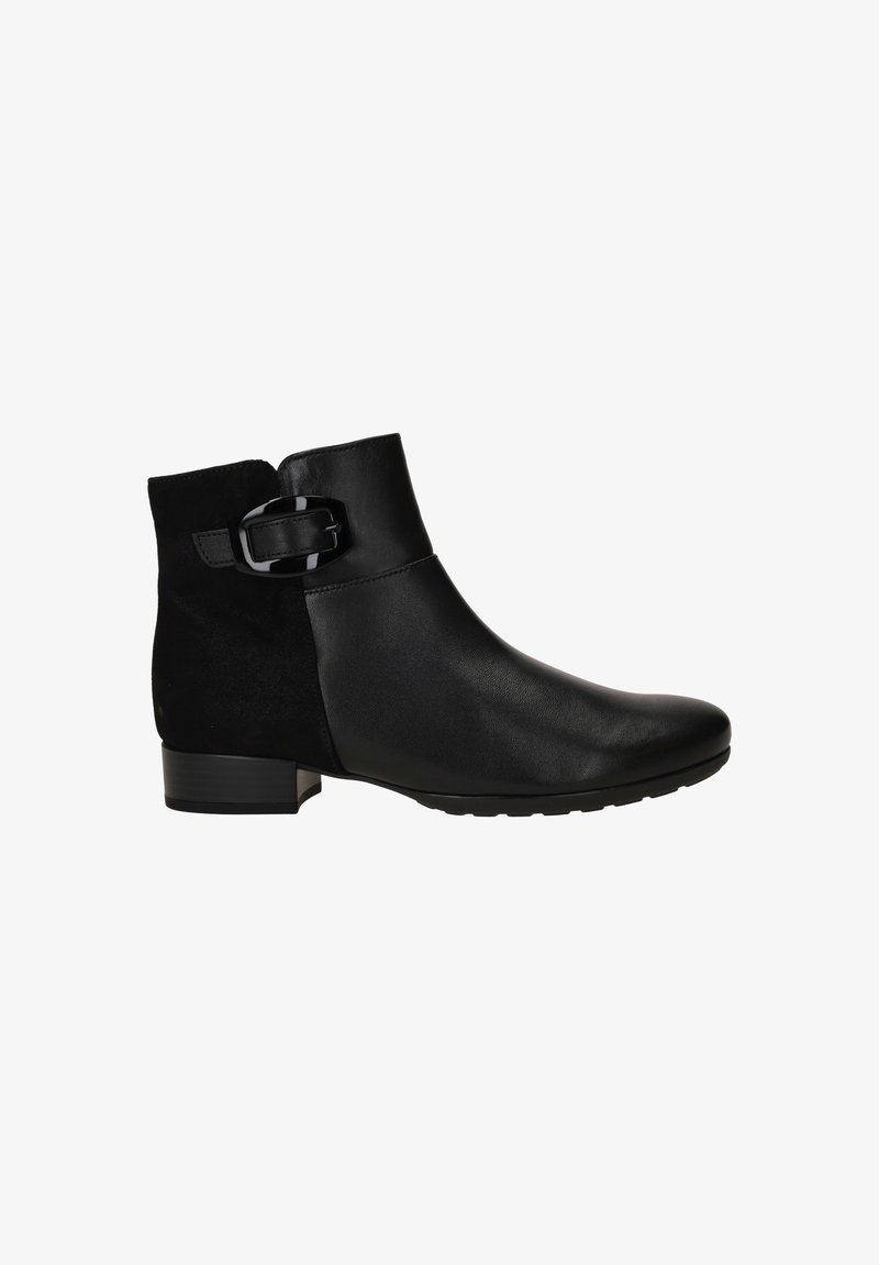 Bottines noires en cuir lisse et daim, agrémentées d'une boucle élégante. Talon bas et design à bout rond.