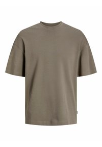Kurzärmliges T-Shirt mit Rundhalsausschnitt in einem gedeckten Olivton. Aus weichem Stoff gefertigt, mit lockerer Passform und minimalen Nähten.