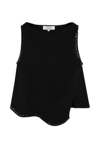 Top negro sin mangas con cuello redondo y dobladillo festoneado. Presenta un ribete de lentejuelas brillantes a lo largo de las sisas para un detalle adicional. Textura suave.