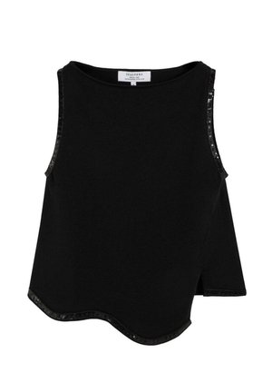 Top negro sin mangas con cuello redondo y dobladillo festoneado. Presenta un ribete de lentejuelas brillantes a lo largo de las sisas para un detalle adicional. Textura suave.