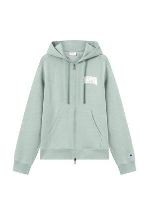 Lichtgroene ritssluiting hoodie van zacht materiaal, met een logo aan de voorkant, twee zijzakken en geribde manchetten. Klassiek ontworpen met capuchon.