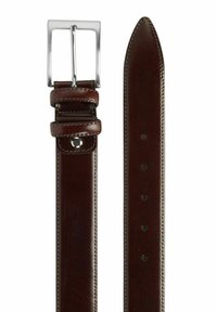 Ruskea nahkavyö, jossa on kiillotettu hopeinen suorakulmainen solki, kapea muotoilu, viisi säädettävää reikää ja erottuva ommel reunoilla.