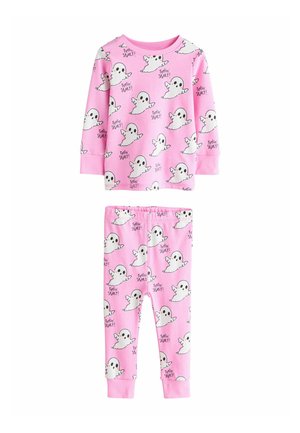 Ensemble de pyjama rose comprenant un haut à manches longues et un pantalon assorti. Orné de fantômes blancs et du texte "Feelin' Spooky!" sur l'ensemble.