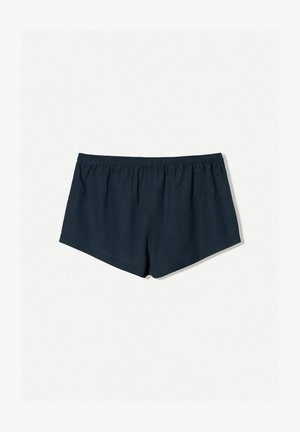 Mørkeblå shorts med elastisk talje og en enkel, firkantet form. Stoffet ser let og glat ud uden synlige mønstre.
