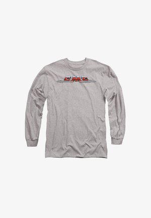 Long-sleeve, heather gray cotton t-shirt featuring a red and silver GMC logo across the chest, ribbed crew neck and cuffed sleeves.