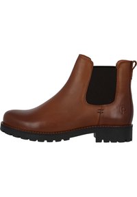 Botín Chelsea de cuero marrón con paneles laterales elásticos, punta redondeada, suela de goma negra texturizada y una lengüeta en el talón.