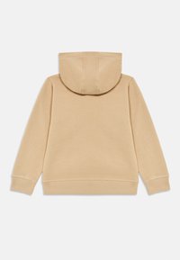 Sweatshirt bege com capuz, mangas compridas, punhos e bainha canelados, mostrado de costas sobre um fundo branco.