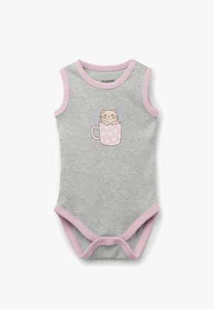 Body gris sans manches pour bébé avec bordure rose, représentant un chat souriant sortant d'une tasse rose à motifs de cœurs sur la poitrine.