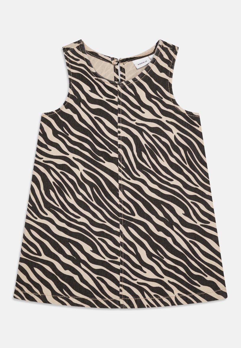 Haljina bez rukava u bež i crnom uzorku zebra, izrađena od pamuka, s okruglim izrezom i zatvaranjem na patentni zatvarač na leđima.