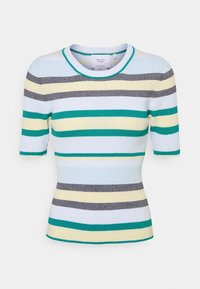 Top in maglia a coste con maniche corte, caratterizzato da righe orizzontali in teal, giallo, grigio e bianco. Collo rotondo con bordo a contrasto.