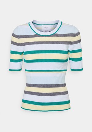 Rippstrickoberteil mit kurzen Ärmeln, das horizontal gestreift in Türkis, Gelb, Grau und Weiß ist. Rundhalsausschnitt mit kontrastierendem Besatz.