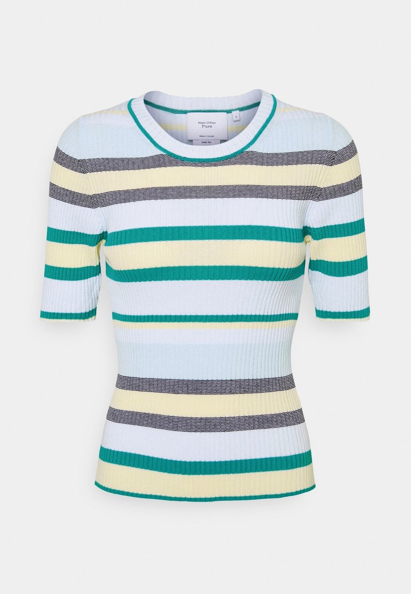 Top in maglia a coste con maniche corte, caratterizzato da righe orizzontali in teal, giallo, grigio e bianco. Collo rotondo con bordo a contrasto.