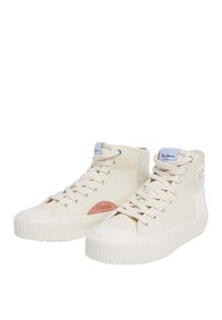 Korkealt jalustelt spordijalatsid helesinise aksendiga off-white tekstuurses nahas, ribaga kummitald ja roosa logo detail külgedel.