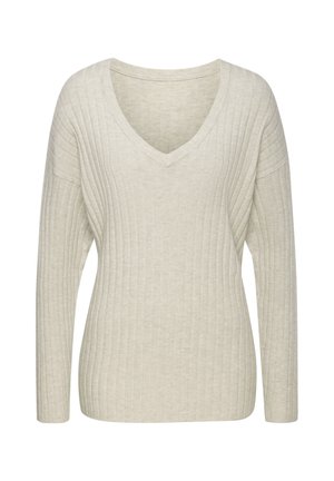 Hellbeige V-Ausschnitt-Pullover mit langen Ärmeln, der ein strukturiertes Rippdesign und eine lockere Passform bietet. Weiches Material, lässiger Stil.