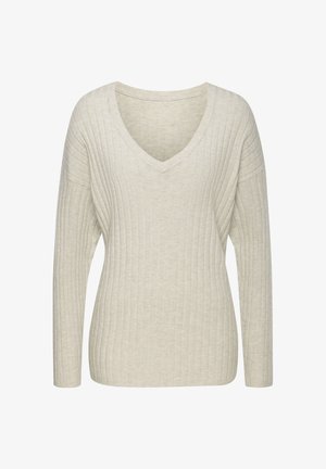 Hellbeige V-Ausschnitt-Pullover mit langen Ärmeln, der ein strukturiertes Rippdesign und eine lockere Passform bietet. Weiches Material, lässiger Stil.